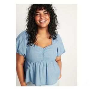 NEW Old Navy Chambray Top 4X Blue Puff Sleeve Ruched‎ Bust Boho Cottagecore